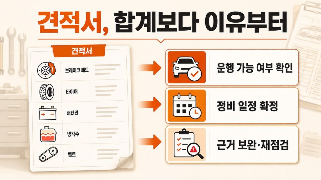자동차 정비 견적서를 운행 가능 여부 확인, 정비 일정 확정, 근거 보완과 재점검으로 분류한 인포그래픽