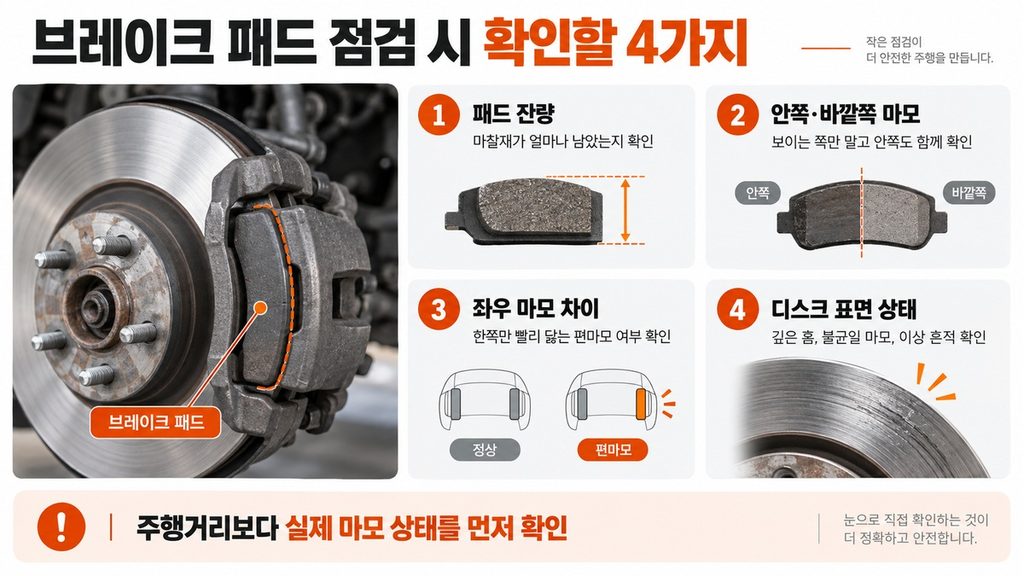 브레이크 패드 점검 시 패드 잔량과 안쪽·바깥쪽 마모, 좌우 마모 차이, 디스크 표면 상태를 확인하는 방법