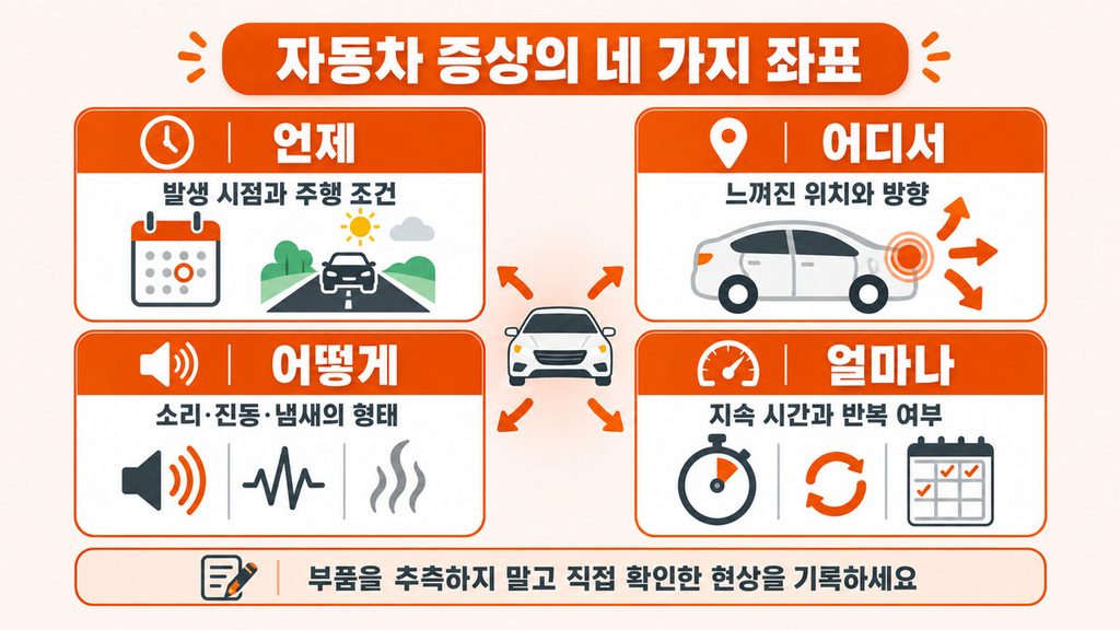 자동차 이상 증상의 발생 시점과 위치, 형태, 반복 여부를 정리한 인포그래픽