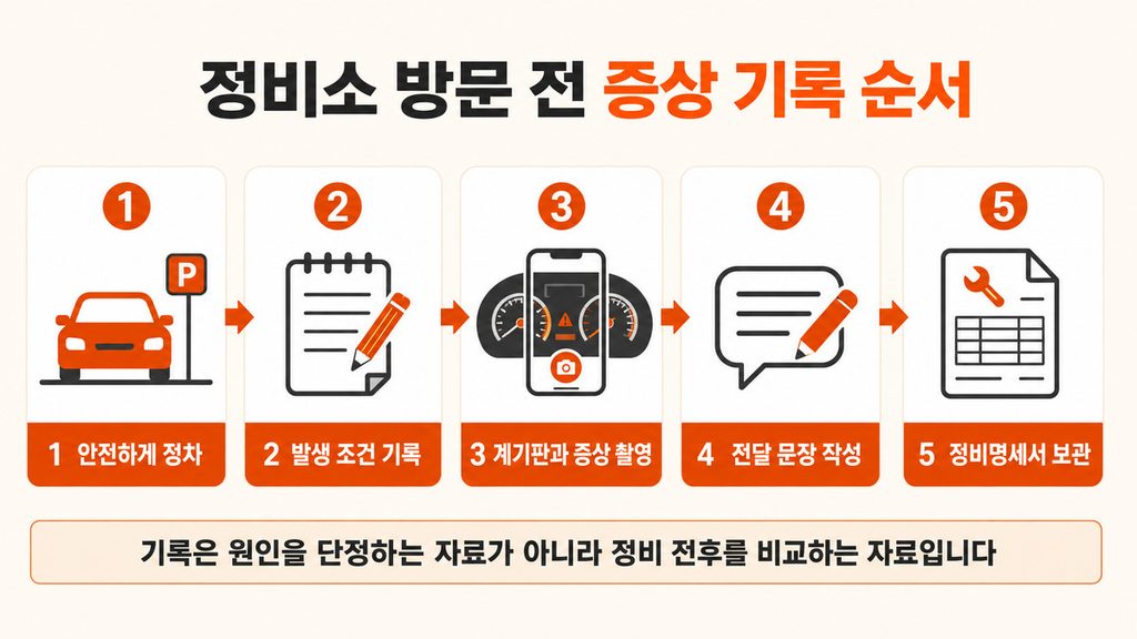 자동차 이상 증상을 기록하고 정비명세서를 보관하는 5단계 순서 인포그래픽