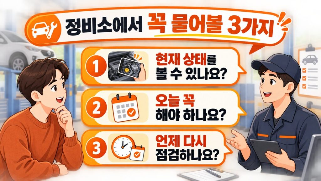 운전자가 정비사에게 현재 상태를 볼 수 있는지, 오늘 꼭 정비해야 하는지, 언제 다시 점검해야 하는지 질문하는 인포그래픽