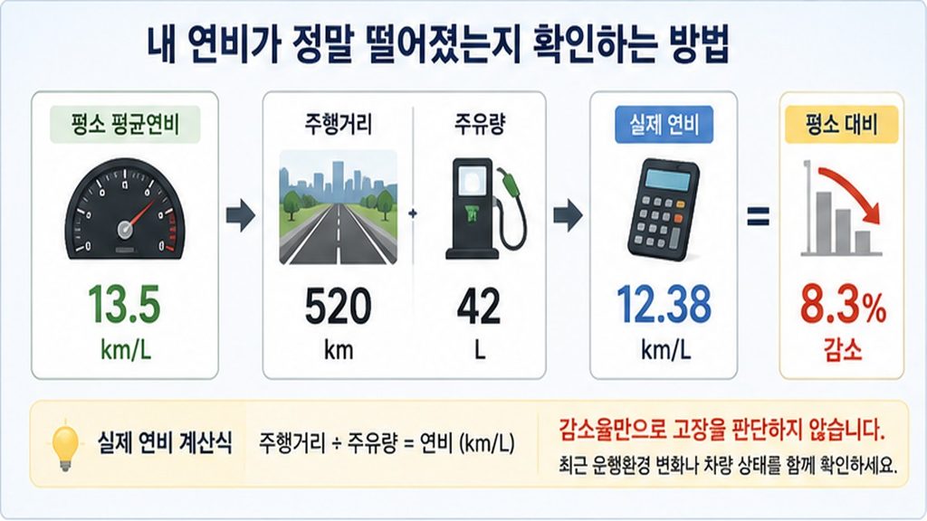 평소 평균연비 13.5km/L와 주행거리 520km, 주유량 42L를 이용해 실제 연비와 연비 감소율을 계산하는 인포그래픽