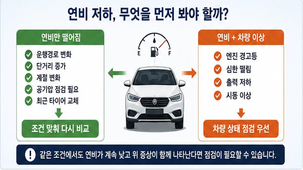 자동차 연비가 갑자기 떨어지는 이유 연비만 떨어졌을 때 확인할 운행환경과 공기압 항목, 연비 저하와 차량 이상이 함께 나타날 때 확인할 경고등과 떨림, 출력 저하를 비교한 인포그래픽